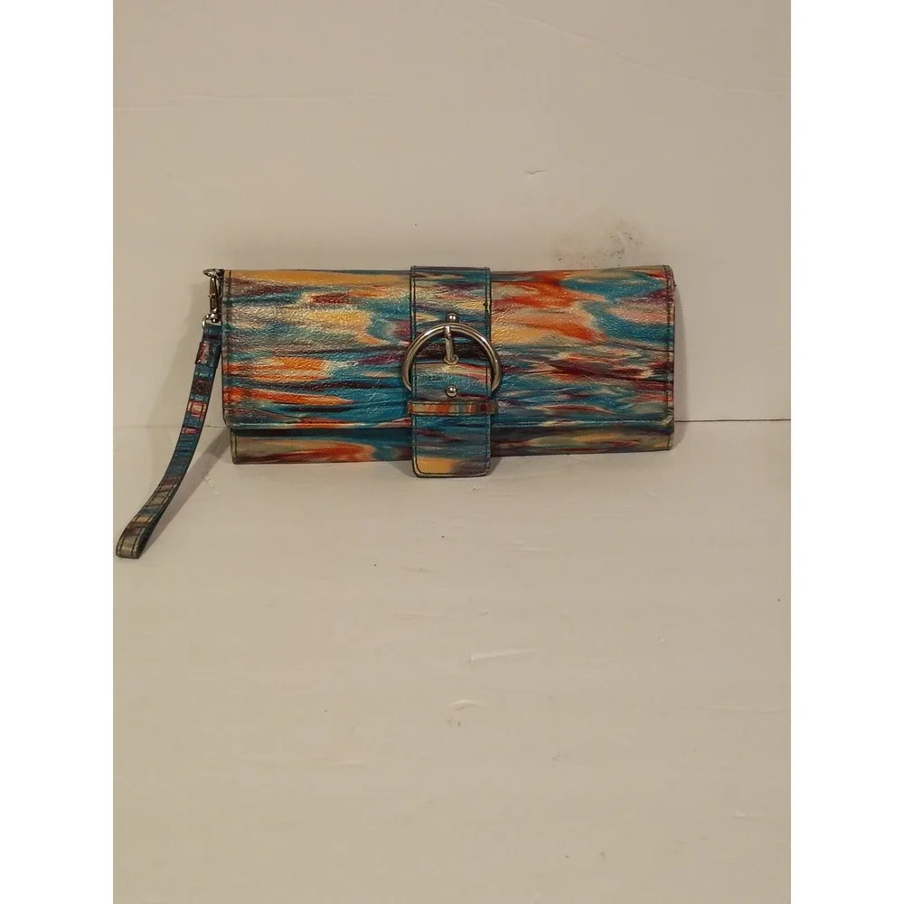 Multicolor Abstract Brushstroke Wristlet Clutch with Buckle Detail and ID Window